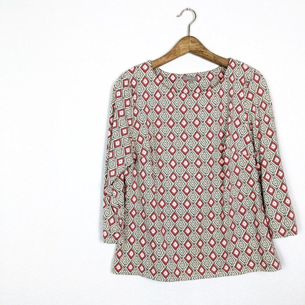 Ellie Kai Blouse 12 Brown Coral Ikat Print Boat Neck Long Sleeve - Picture 3 of 7